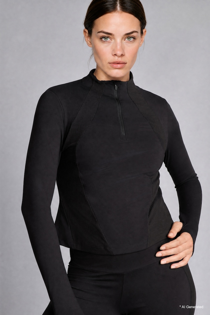 Women Black Slim Fit Basic Stretch Sports Long Sleeve High Neck Zip-Up T-Shirt