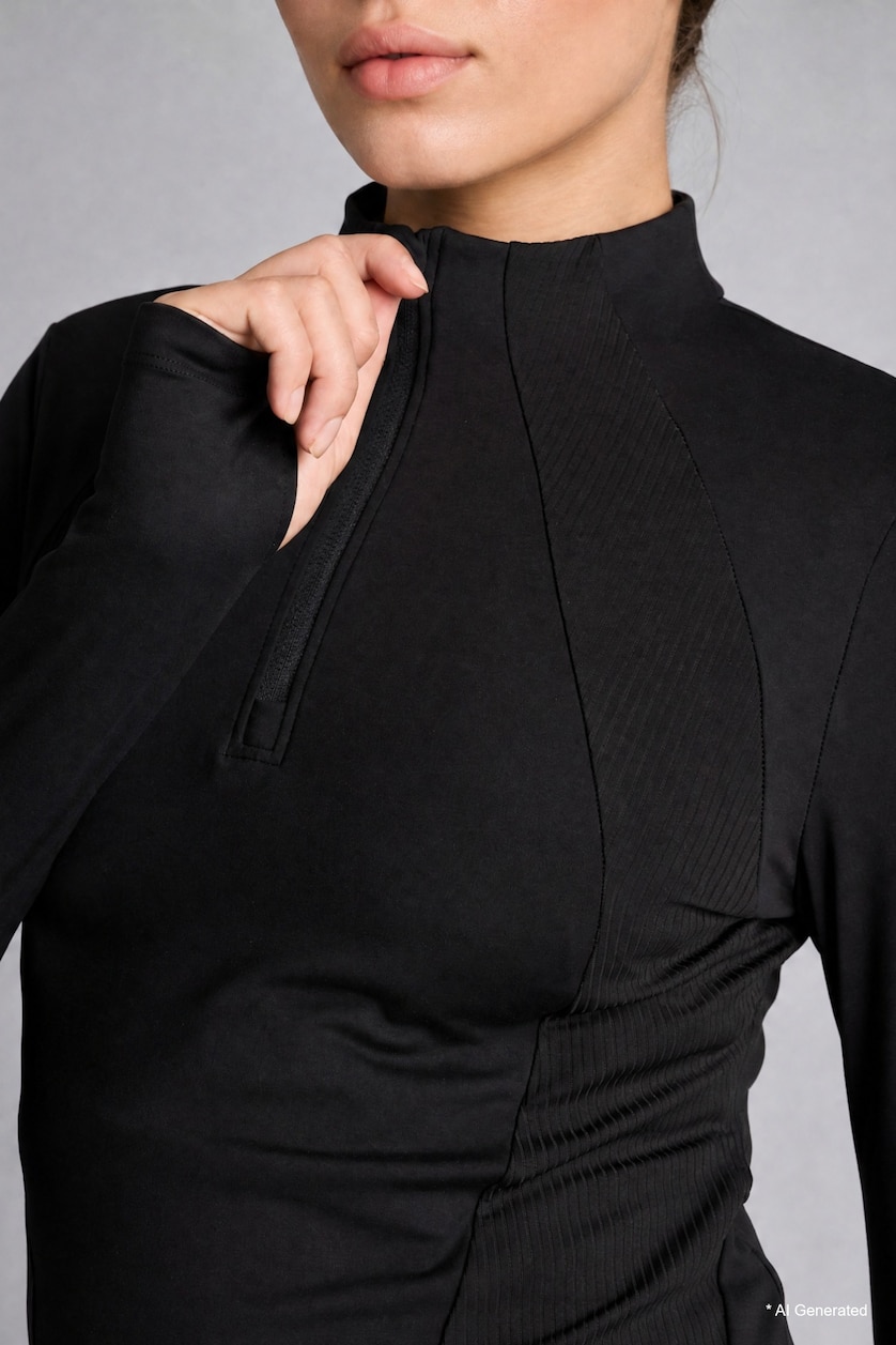 Women Black Slim Fit Basic Stretch Sports Long Sleeve High Neck Zip-Up T-Shirt
