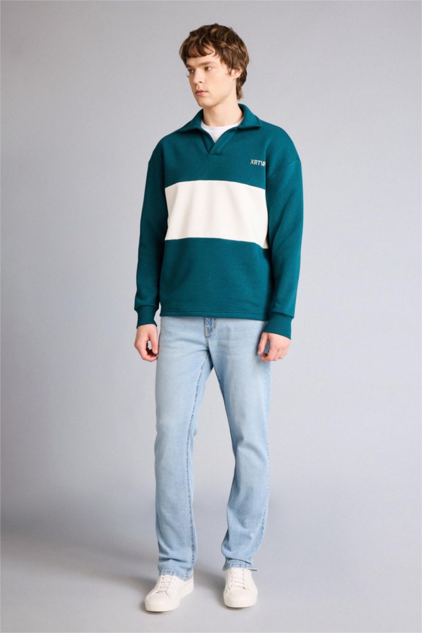 Erkek Yeşil Boxy Fıt Polo Yaka Sweatshirt