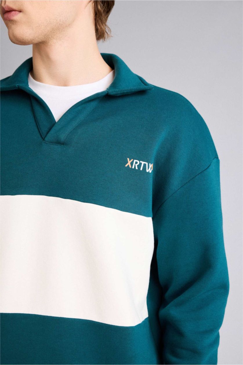 Erkek Yeşil Boxy Fıt Polo Yaka Sweatshirt