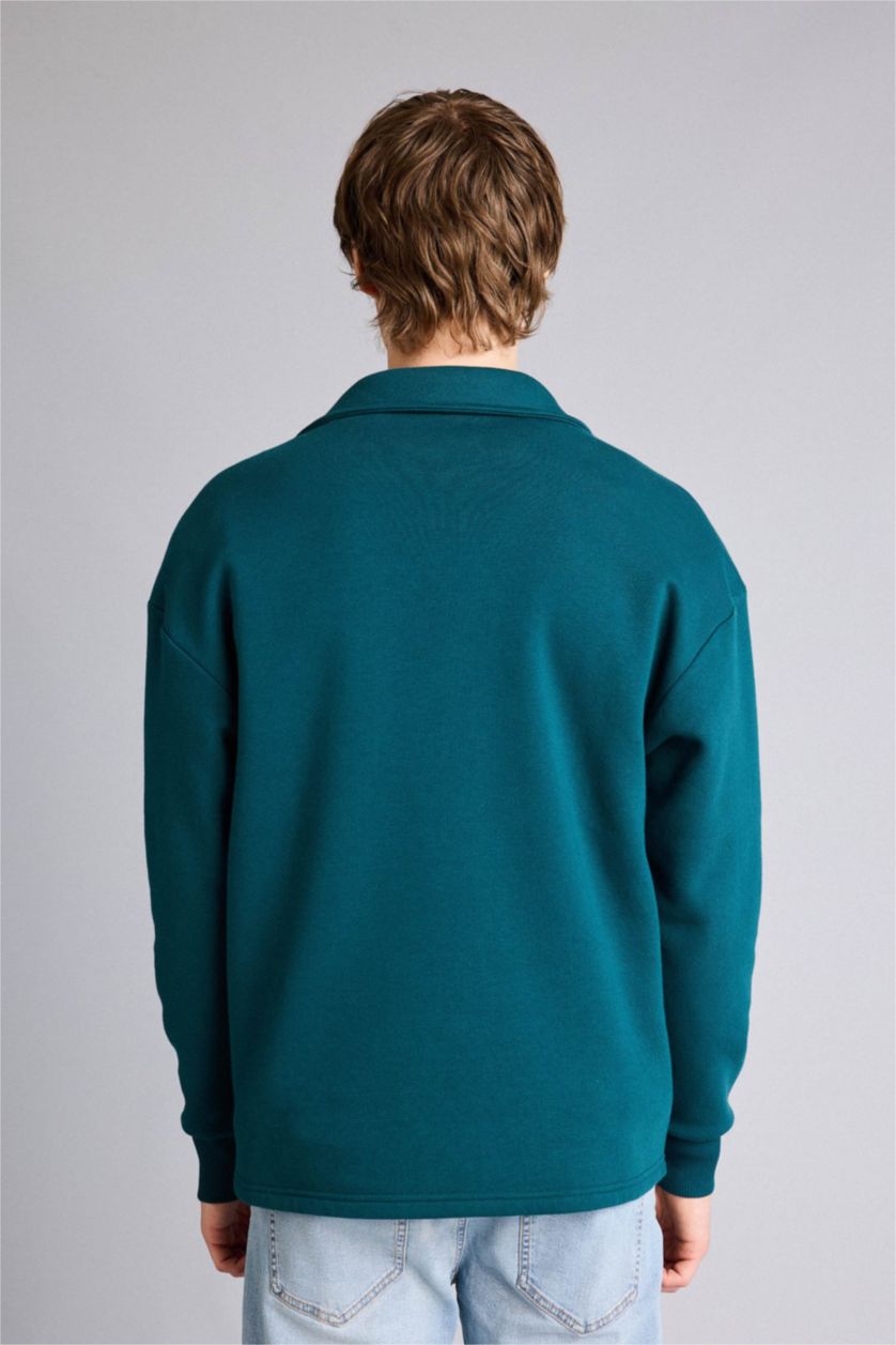 Erkek Yeşil Boxy Fıt Polo Yaka Sweatshirt