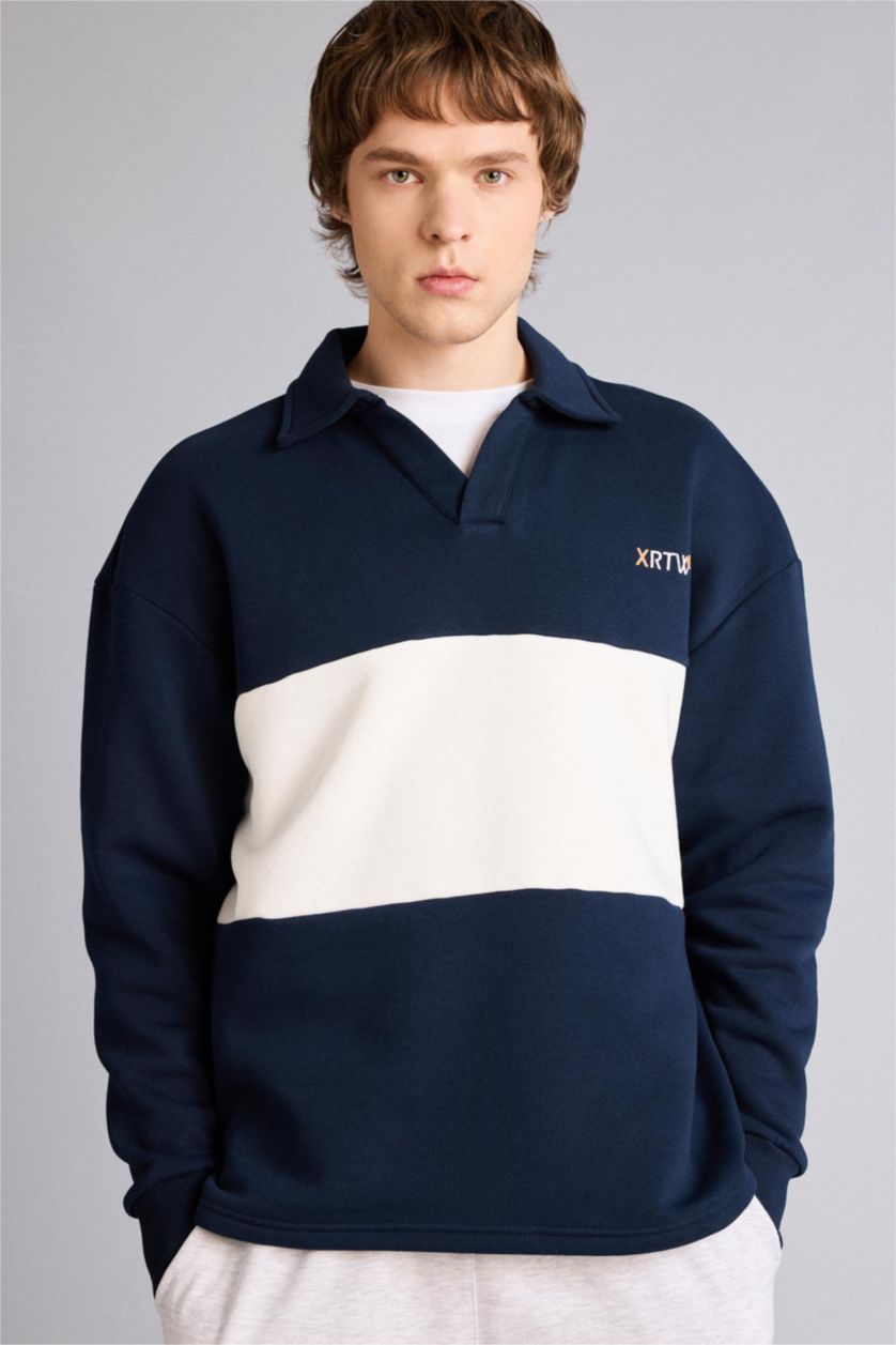 Erkek Lacivert Boxy Fıt Polo Yaka Sweatshirt