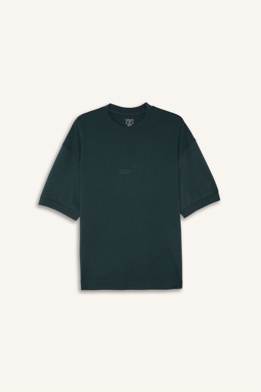 Erkek Koyu Yeşil Loose Fit Kısa Kollu Baskılı Tişört
