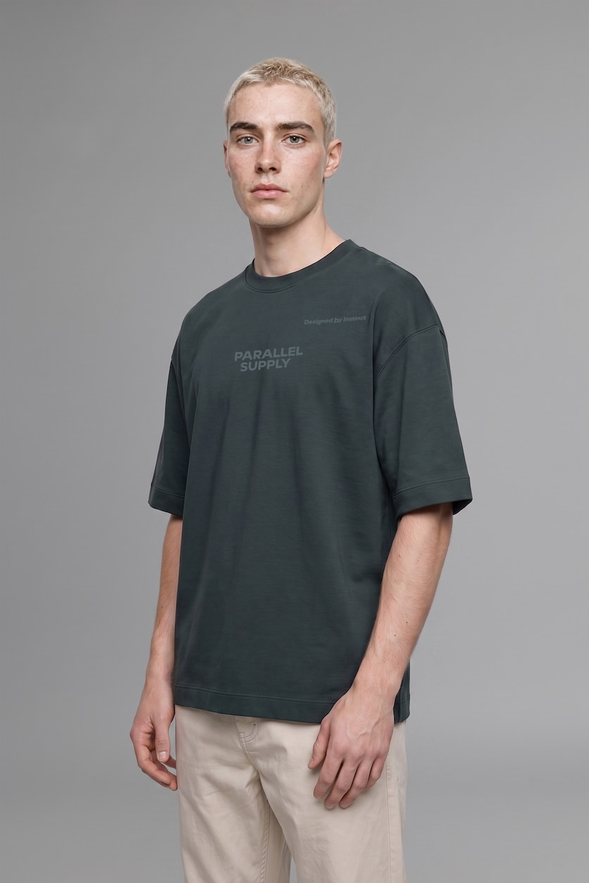 Erkek Koyu Yeşil Loose Fit Kısa Kollu Baskılı Tişört