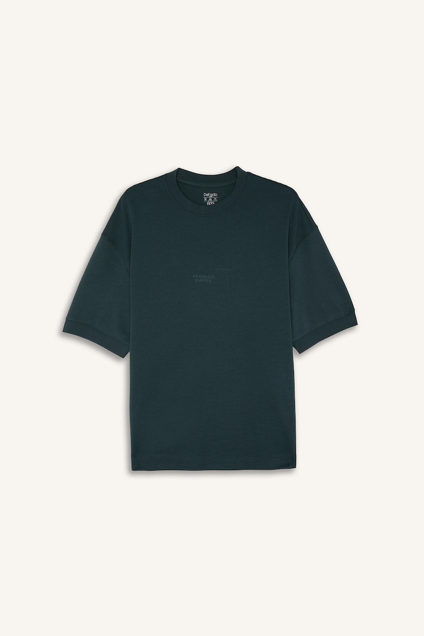 Erkek Koyu Yeşil Loose Fit Kısa Kollu Baskılı Tişört
