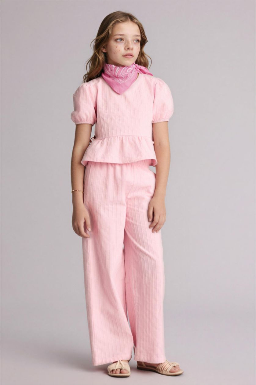 Kız Çocuk - Genç Kız Açık Pembe Wıde Leg Pamuklu Pantolon Kız Çocuk