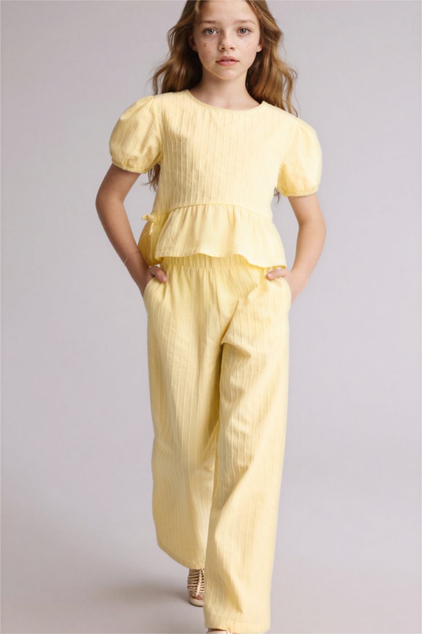 Kız Çocuk - Genç Kız Açık Sarı Wıde Leg Pamuklu Pantolon Kız Çocuk
