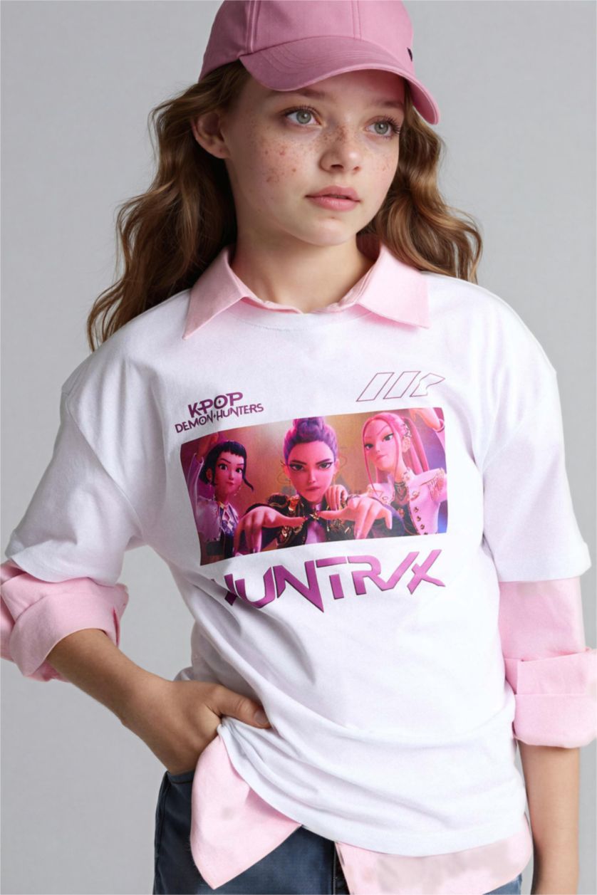 Kız Çocuk - Genç Kız Ekru Kpop - Demon Hunters Oversıze Bisiklet Yaka Kısa Kollu Tişört Kız Çocuk