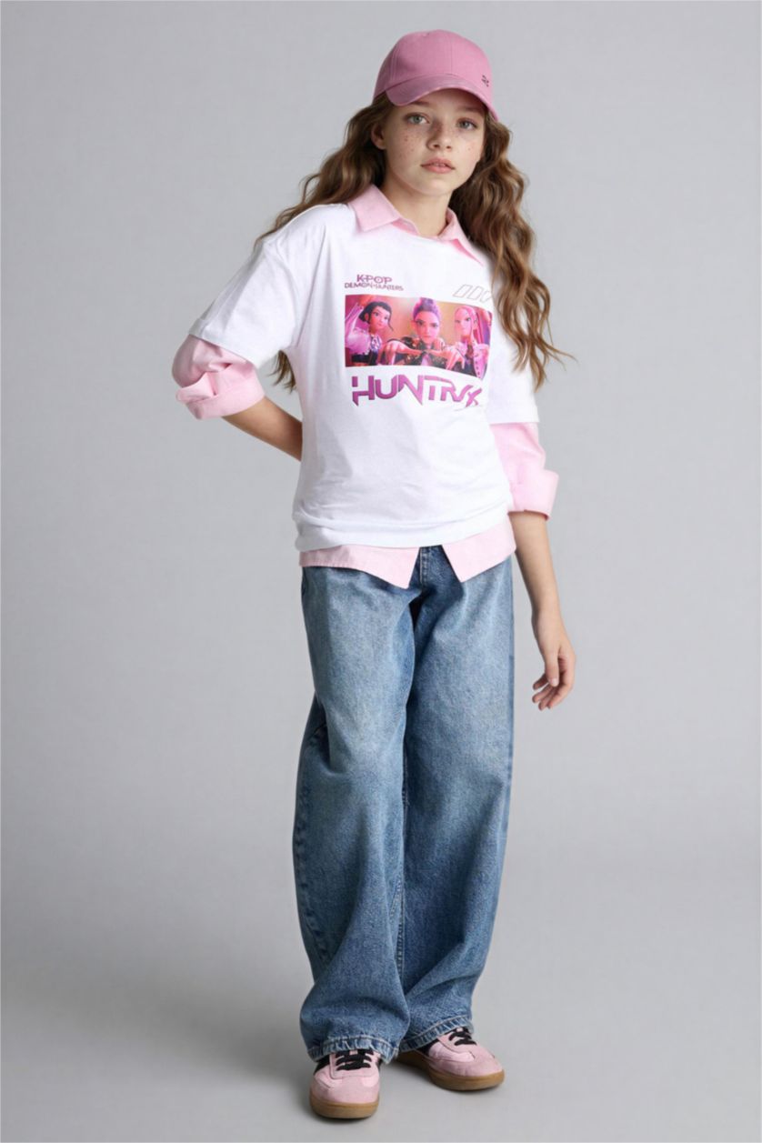 Kız Çocuk - Genç Kız Ekru Kpop - Demon Hunters Oversıze Bisiklet Yaka Kısa Kollu Tişört Kız Çocuk