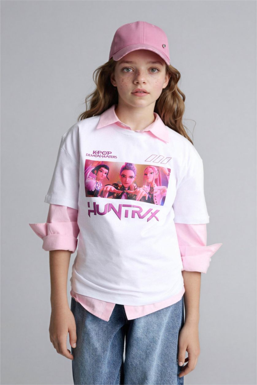 Kız Çocuk - Genç Kız Ekru Kpop - Demon Hunters Oversıze Bisiklet Yaka Kısa Kollu Tişört Kız Çocuk