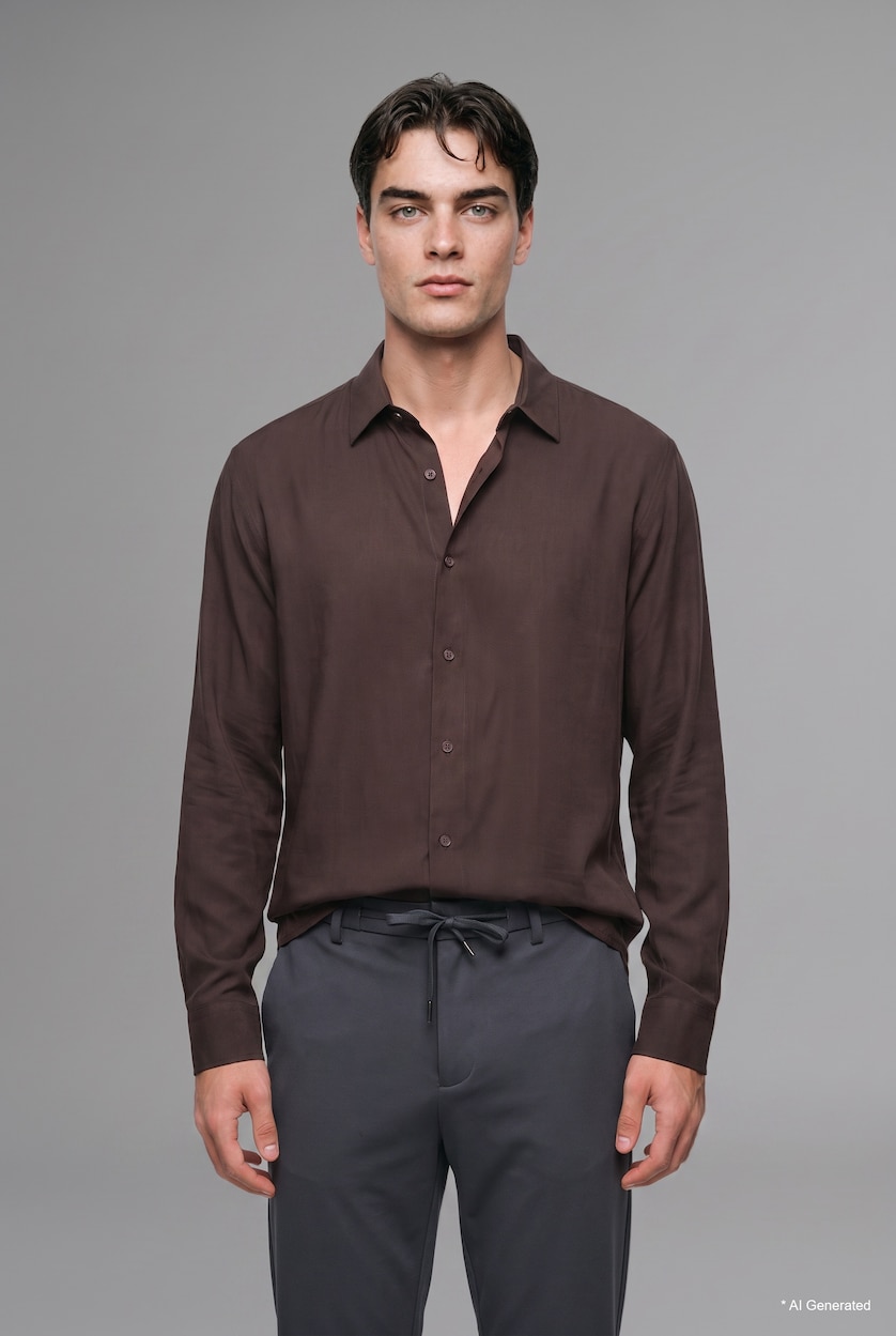 MESHKUJ Brown Regular Fit Modal Long Sleeve Shirt