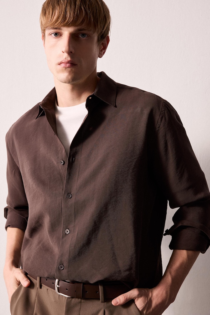 HOMME Marron Chemise à manches longues en modal Coupe régulière