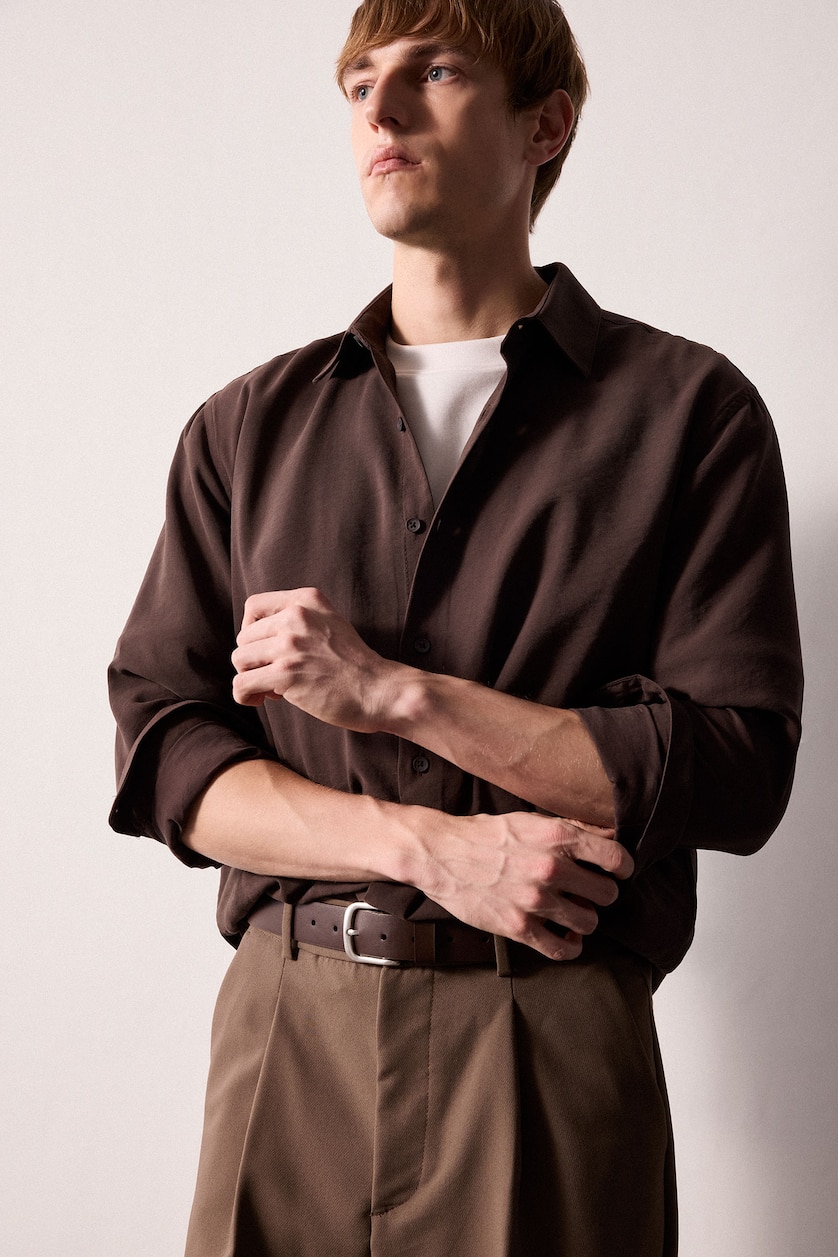 HOMME Marron Chemise à manches longues en modal Coupe régulière