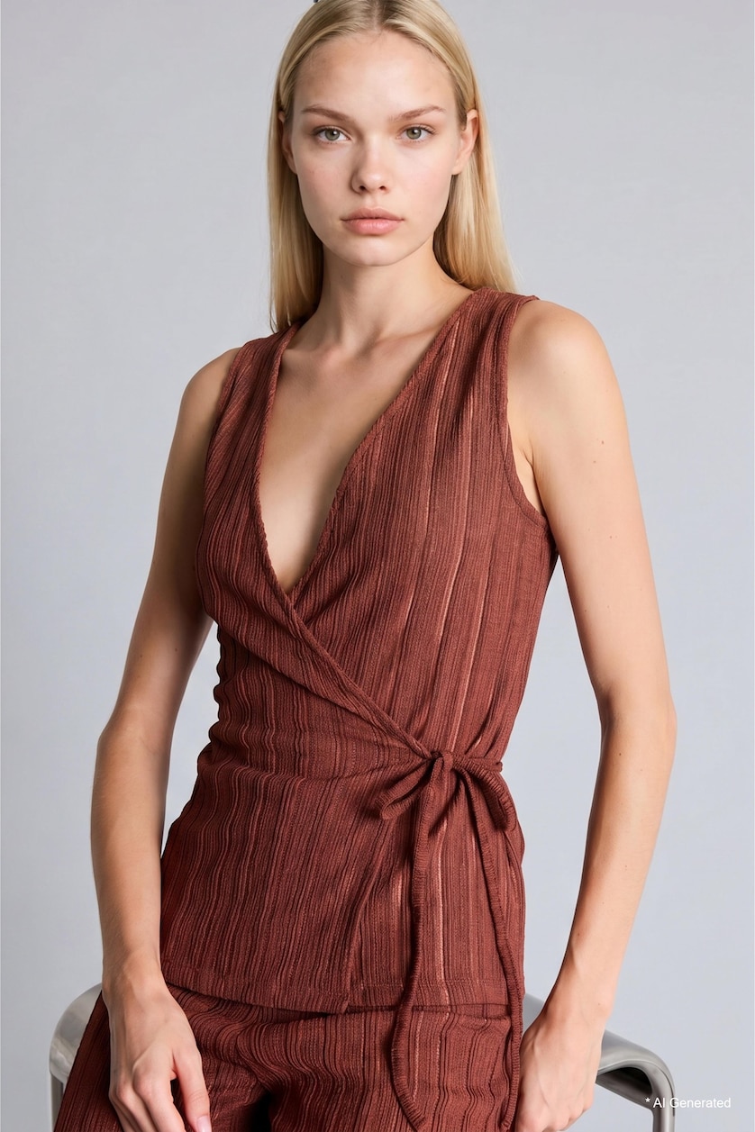 Women Brown Regular Fit V-Neck Wrinkled Textured Brown Top