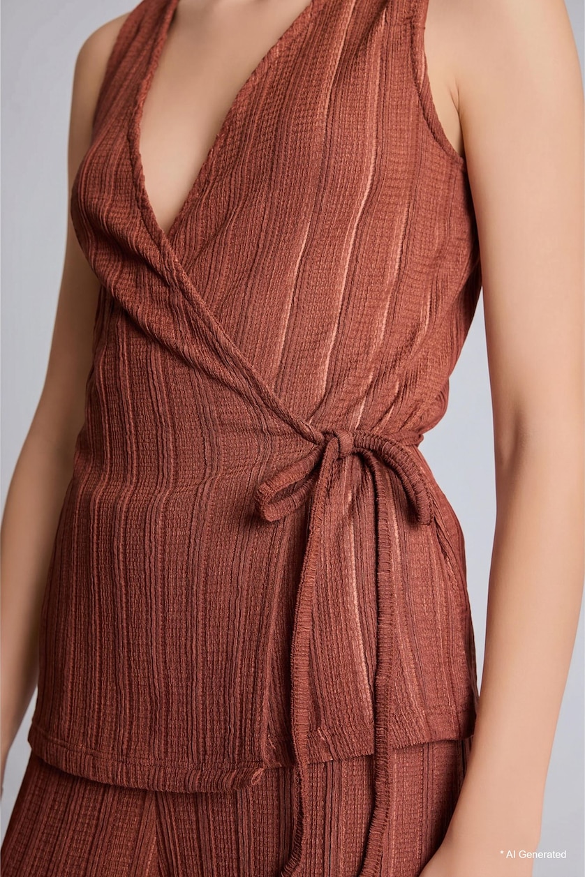 Women Brown Regular Fit V-Neck Wrinkled Textured Brown Top