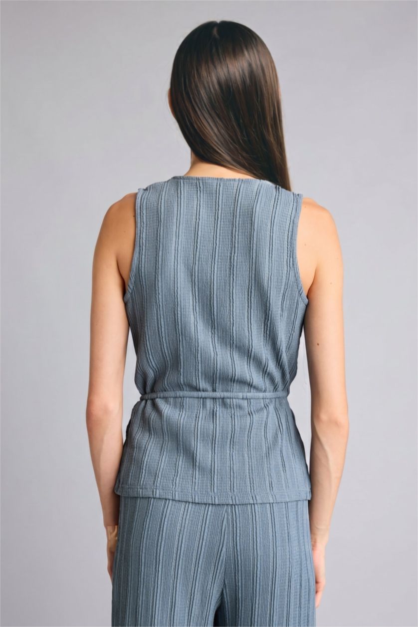 WOMAN Light Indigo Regular Fit V-Neck Crinkle Top