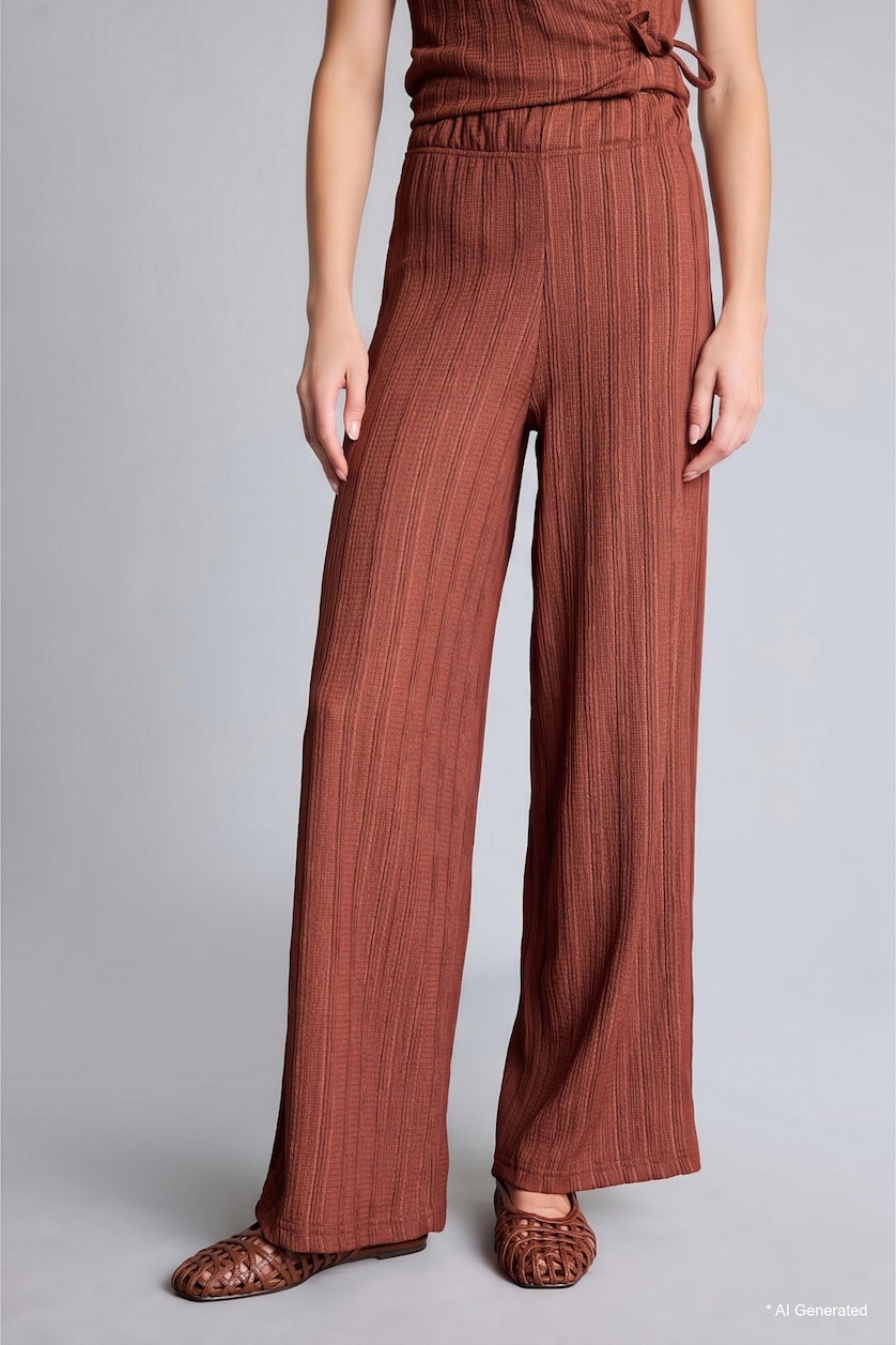 Women Brown Wide Leg Wrinkled Textured Trousers