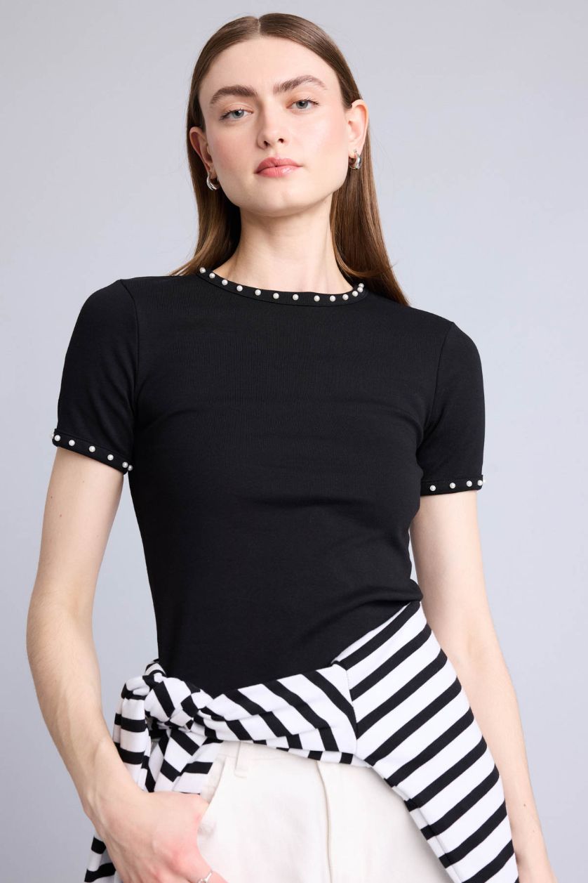 Kadın Siyah Slim Fit Kısa kollu Ribana Tişört