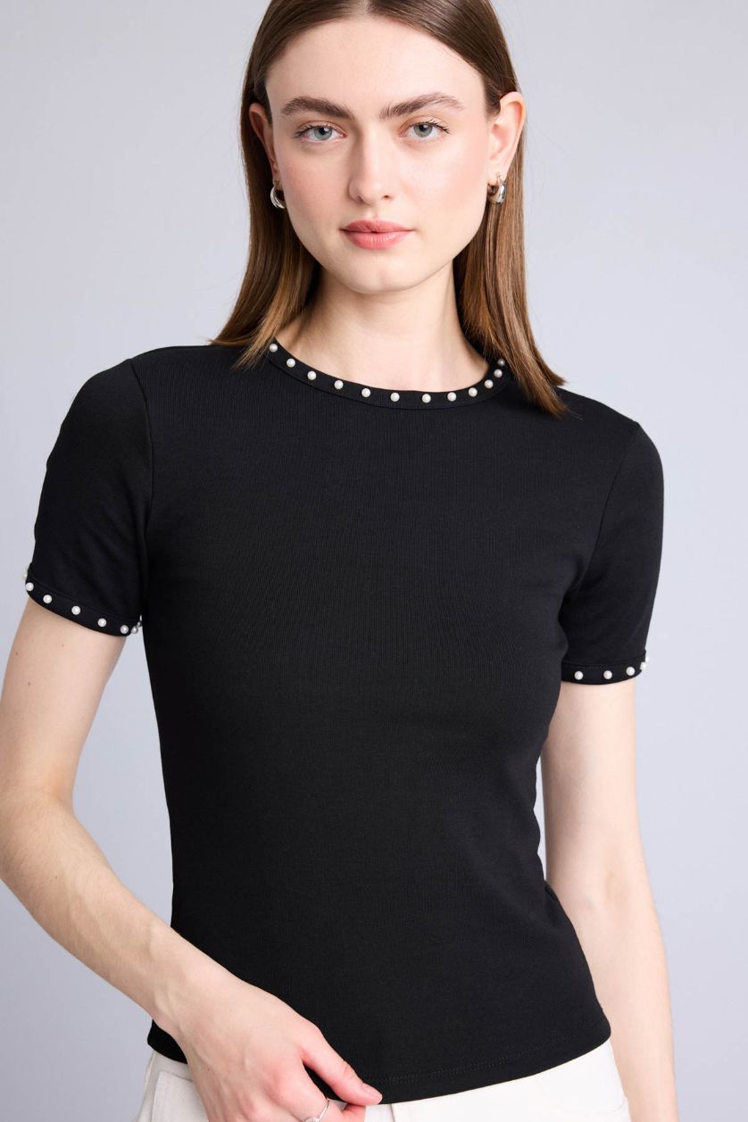 Kadın Siyah Slim Fit Kısa kollu Ribana Tişört