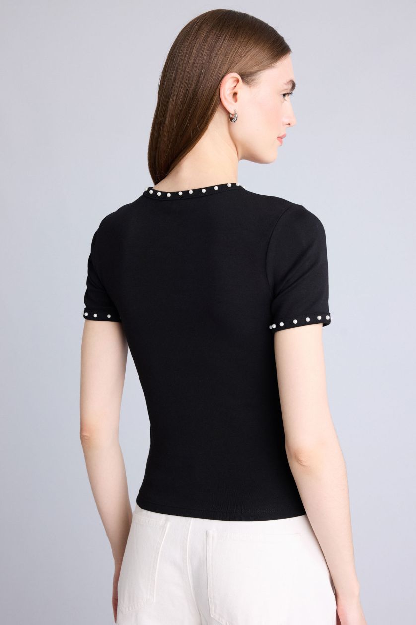 Kadın Siyah Slim Fit Kısa kollu Ribana Tişört