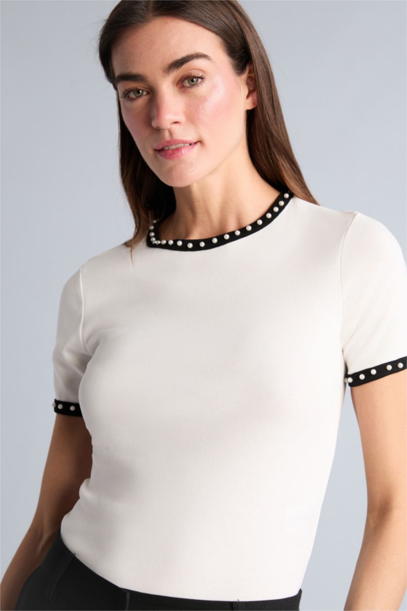 Kadın Ekru Slim Fit Ribana Tişört