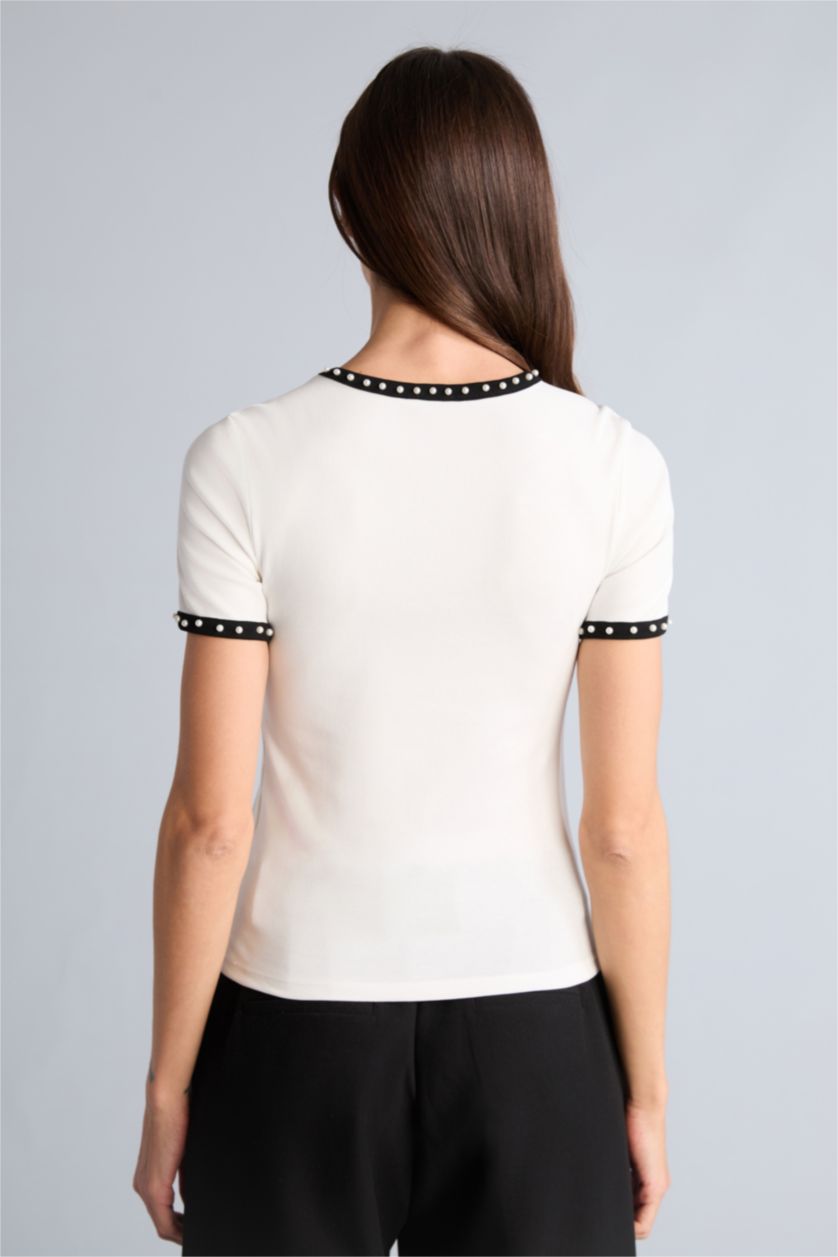 Kadın Ekru Slim Fit Ribana Tişört