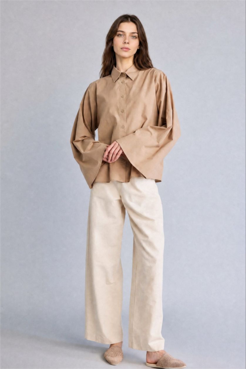 FEMME Beige Tunique beige à manches longues en voile Coupe régulière
