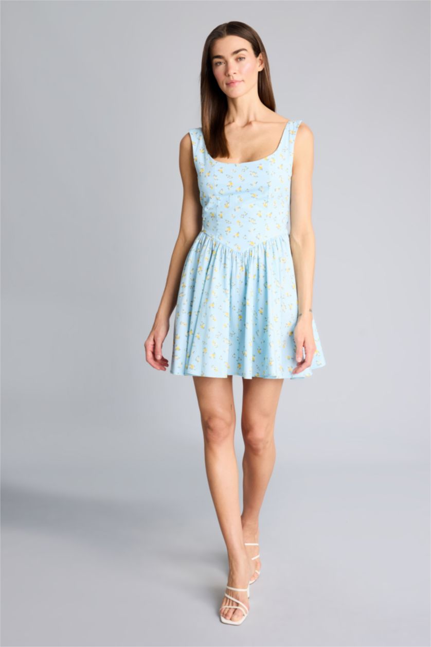 Kadın Mavi Afra x Defacto V Yaka Floral Poplin Kolsuz Mini Elbise