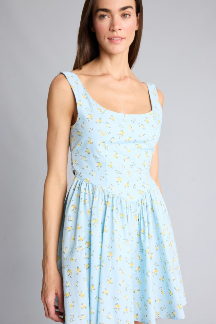 Kadın Mavi Afra x Defacto V Yaka Floral Poplin Kolsuz Mini Elbise