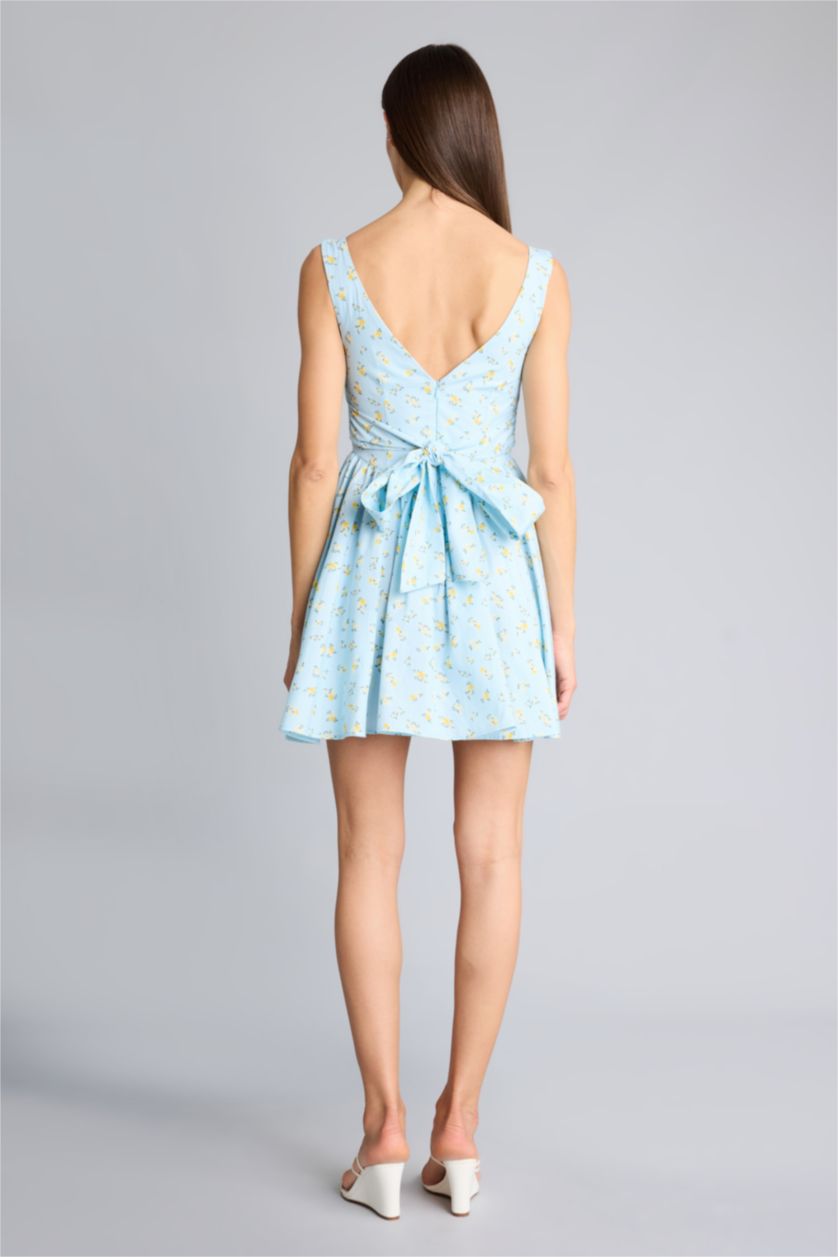 Kadın Mavi Afra x Defacto V Yaka Floral Poplin Kolsuz Mini Elbise