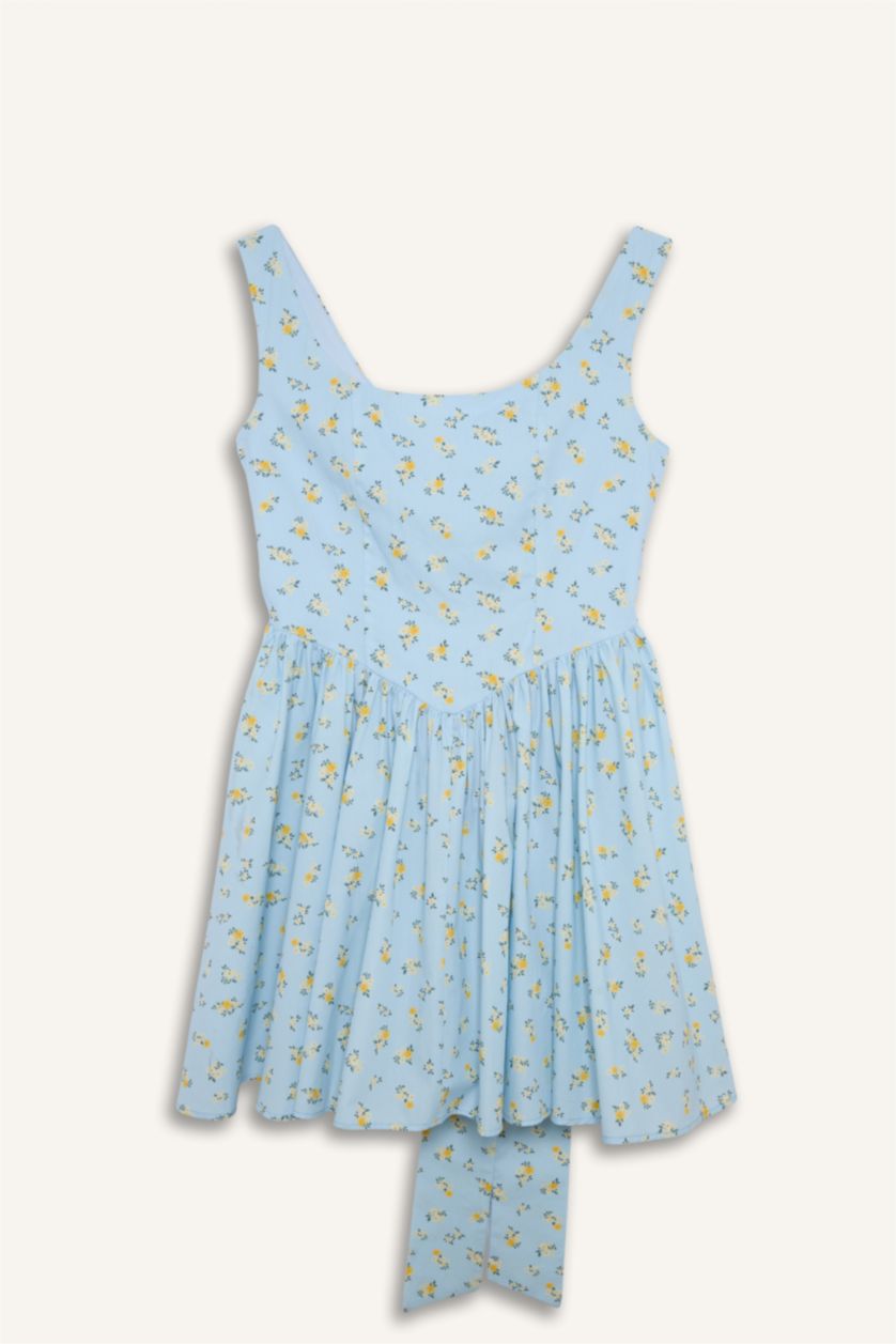 Kadın Mavi Afra x Defacto V Yaka Floral Poplin Kolsuz Mini Elbise