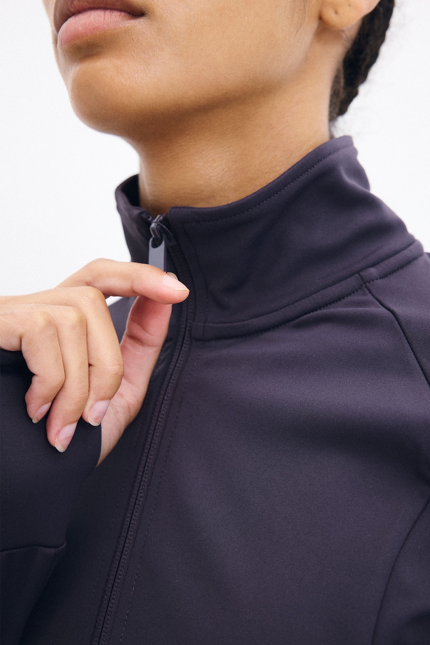 WOMAN Dark Purple Woman Fitted Stretch Fabric High Neck Zip-Up Raglan Sleeve Sports Top