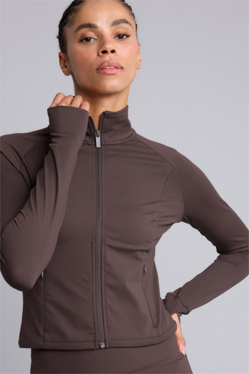 Kadın Kahve Fitted Dik Yaka Sporcu Hırka