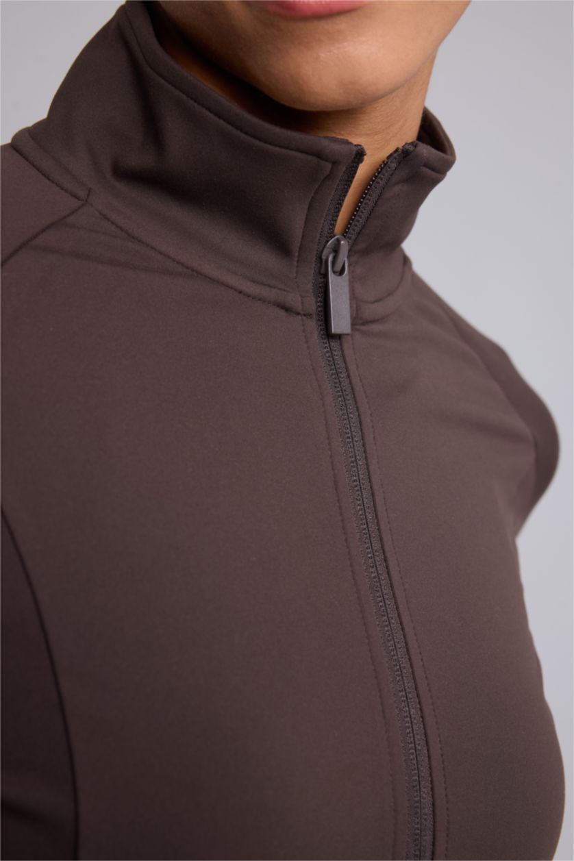 Kadın Kahve Fitted Dik Yaka Sporcu Hırka