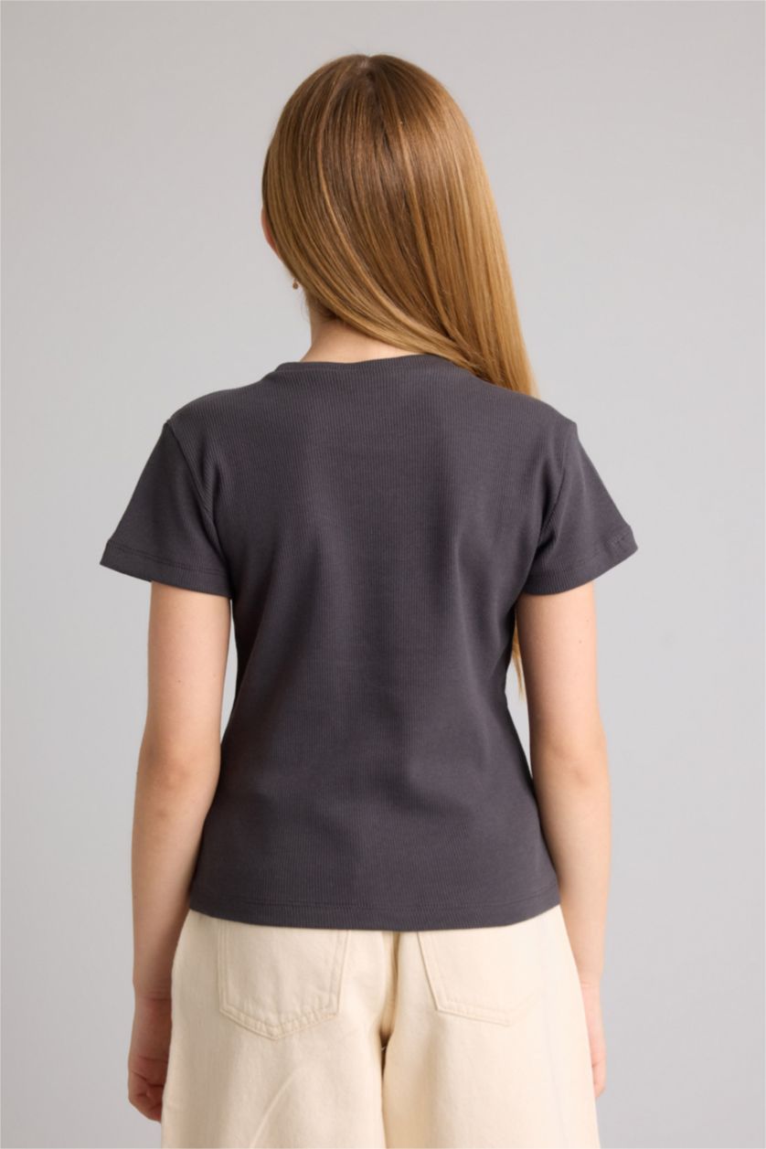 Kız Çocuk - Genç Kız Koyu Antrasit Baskılı Fitilli Kaşkorse Tişört Kız Çocuk