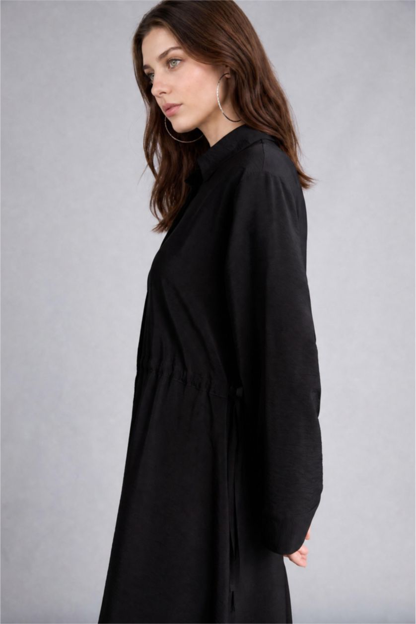 Woman Black Regular Fit Shirt Collar Long Black Maxi Dress