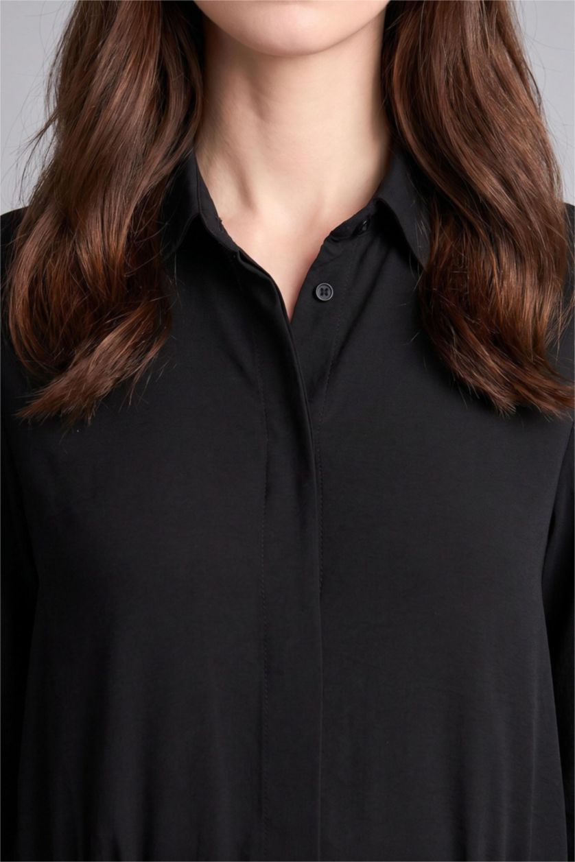 Woman Black Regular Fit Shirt Collar Long Black Maxi Dress