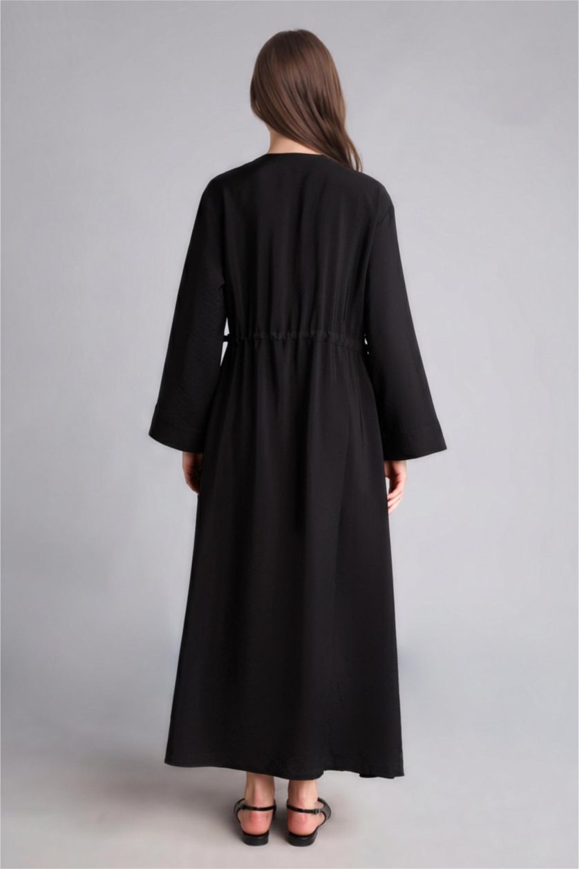 Woman Black Regular Fit Shirt Collar Long Black Maxi Dress