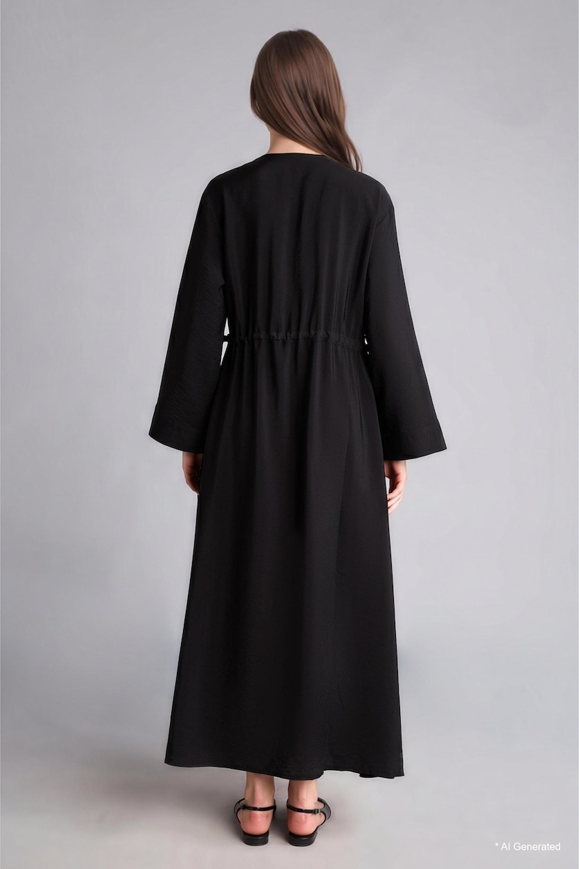 WOMAN Black Regular Fit Shirt Collar Long Black Maxi Dress