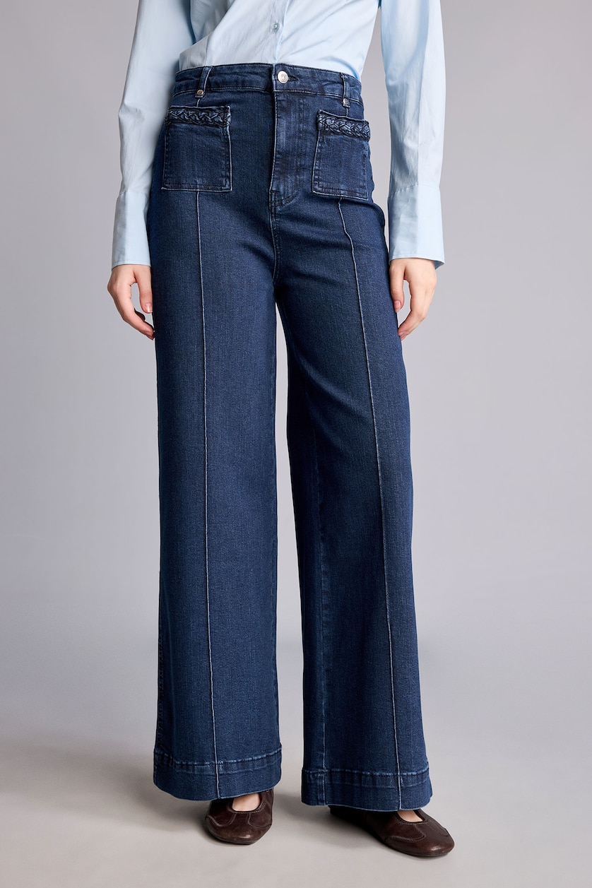 Woman Dark Blue Short Wide Leg High Waist Long Jeans