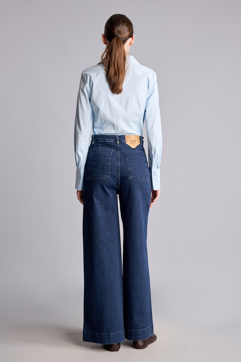 Woman Dark Blue Short Wide Leg High Waist Long Jeans