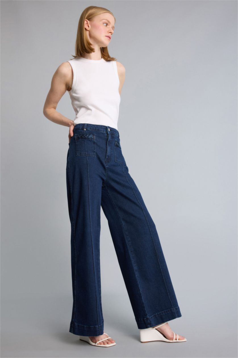 Woman Dark Blue High Waist Short Wide Leg Trousers