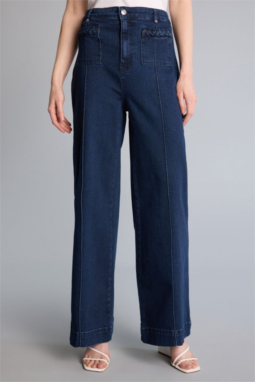 Woman Dark Blue High Waist Short Wide Leg Trousers