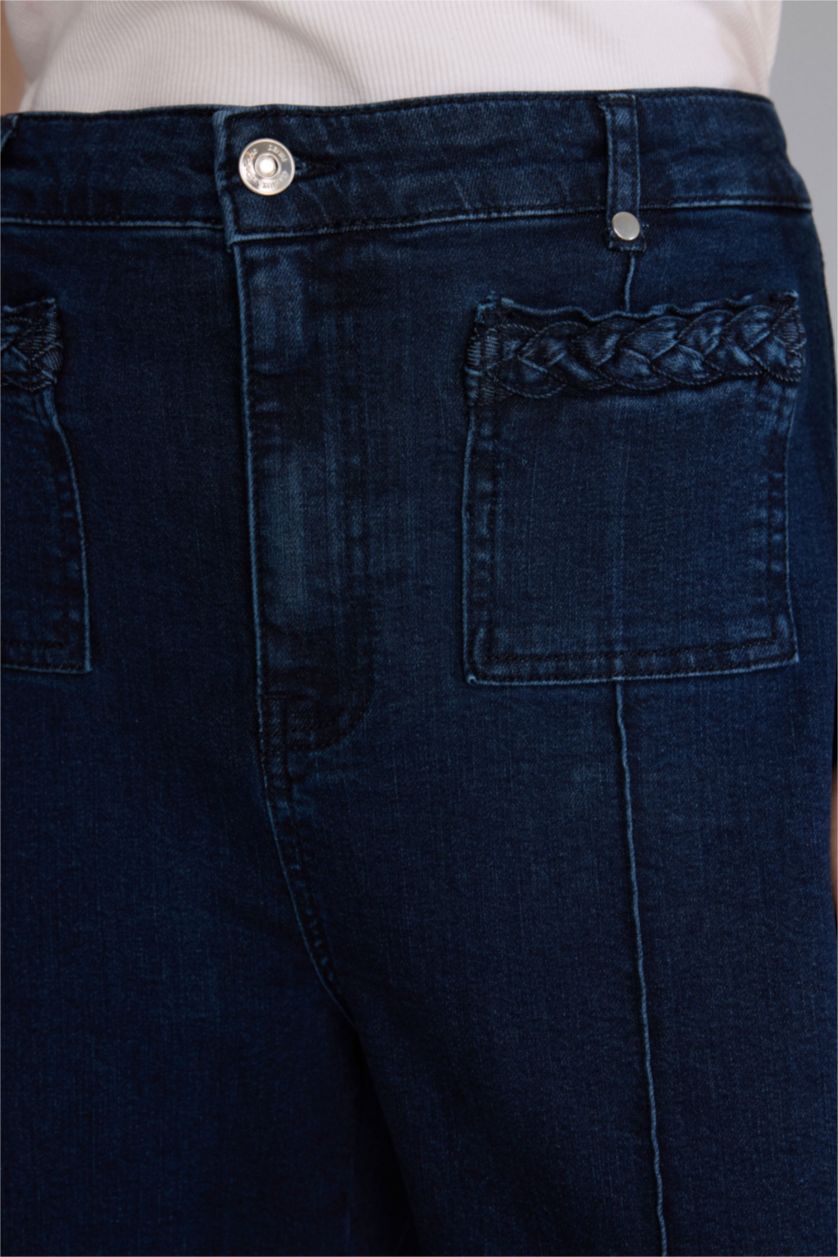 Woman Dark Blue High Waist Short Wide Leg Trousers