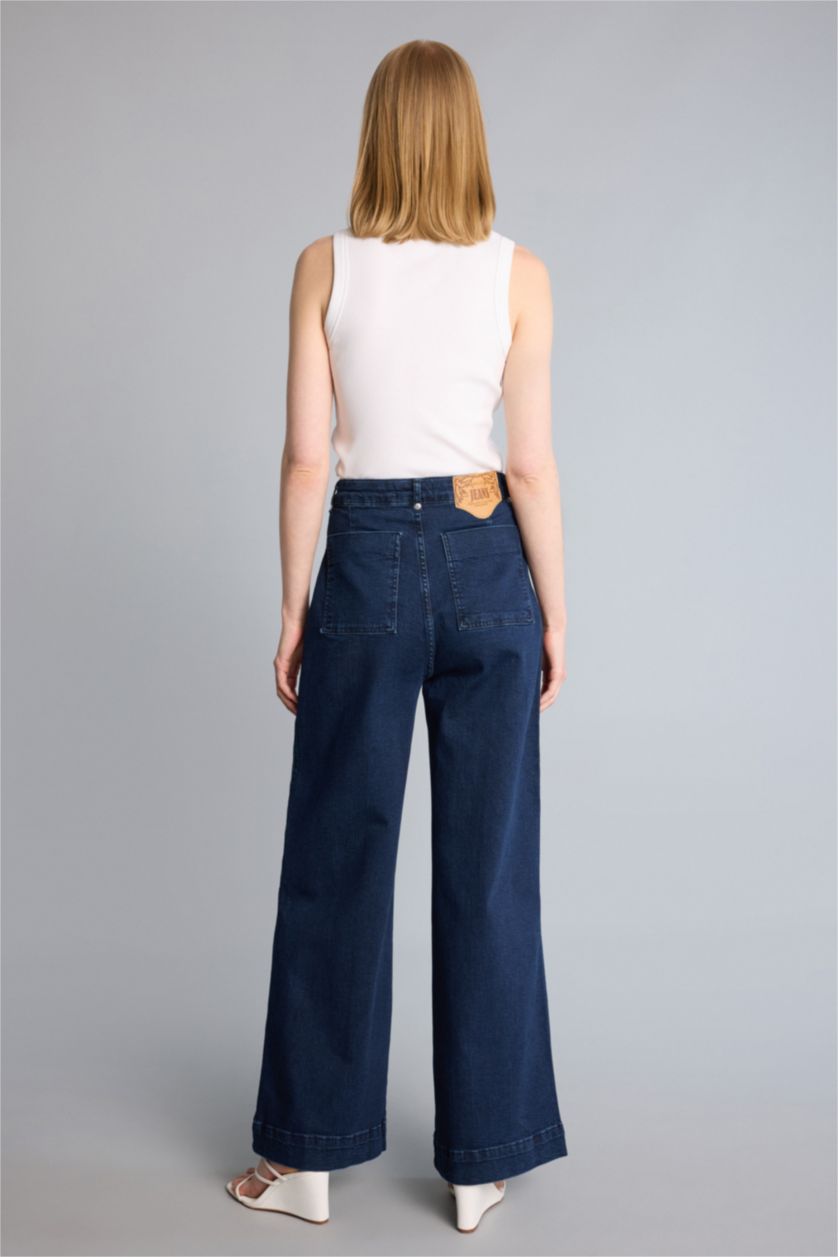 Woman Dark Blue High Waist Short Wide Leg Trousers