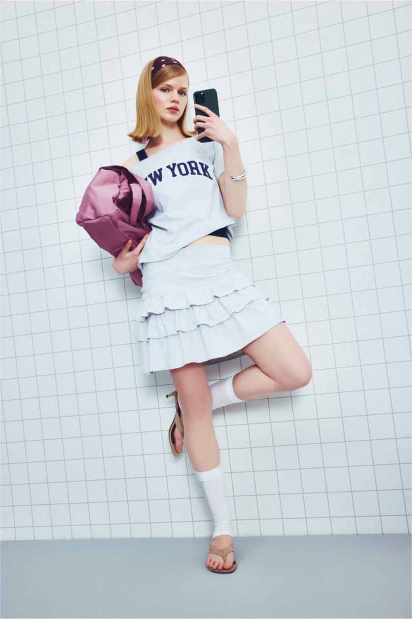 Kadın Gri Melanj Normal Bel Penye Mini Etek