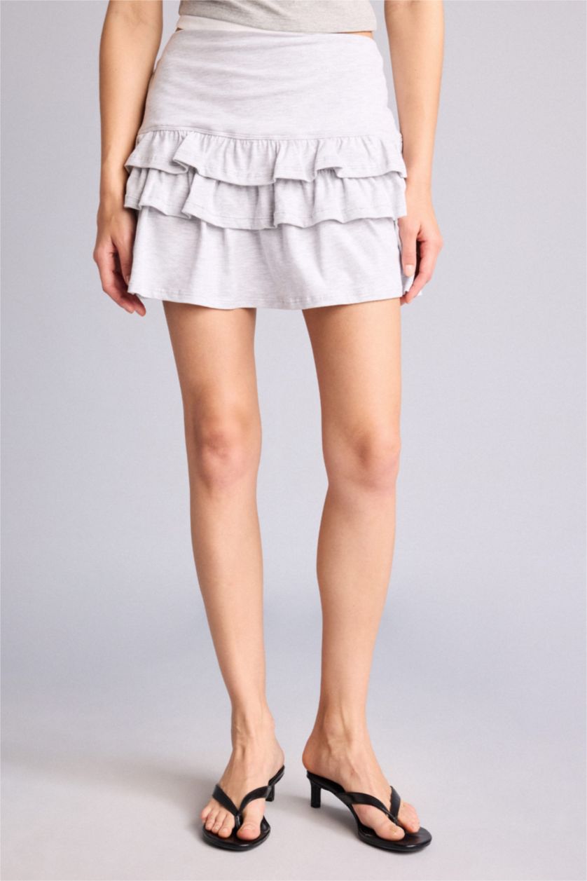Woman Grey Melange Normal Waist Mini Knitted Skirt