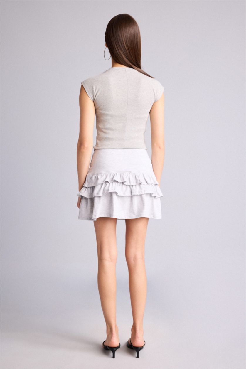 Woman Grey Melange Normal Waist Mini Knitted Skirt