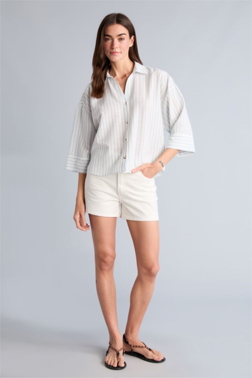 Kadın Açık Mavi Oversize Keten Çizgili Gömlek