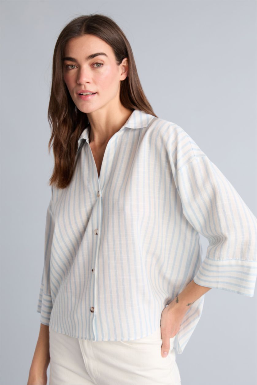 Kadın Açık Mavi Oversize Keten Çizgili Gömlek